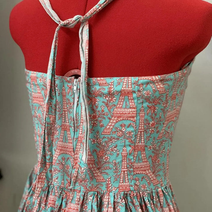 Halter Dress in Blue & Red  Eiffel Tower Print Size M Bernie Dexter